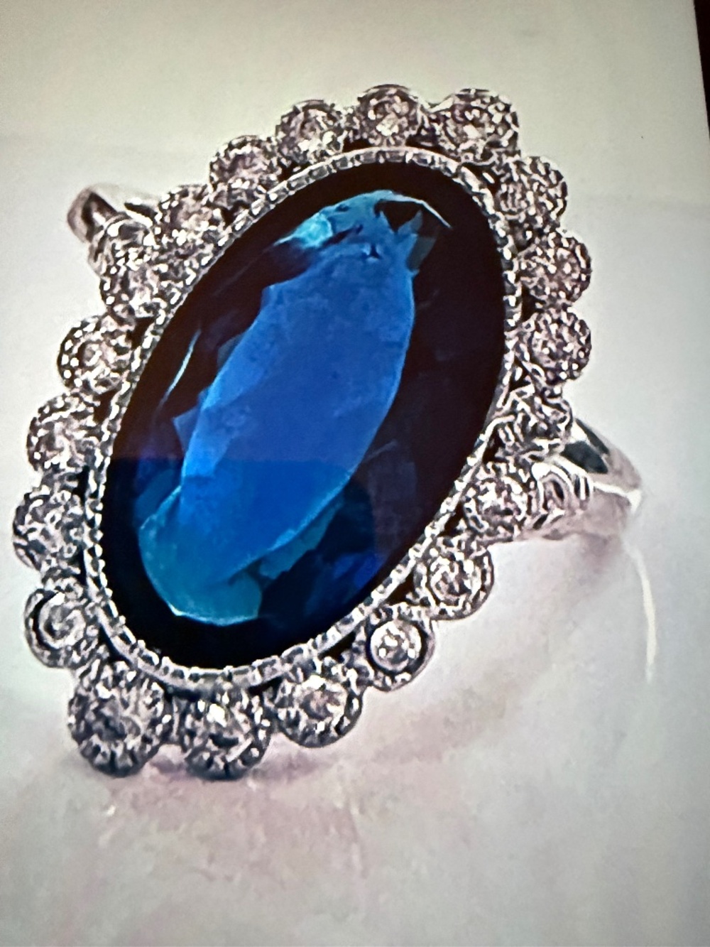 London Blue Sapphire Ring: White Sapphire Halo, 14kt White Gold/Silver